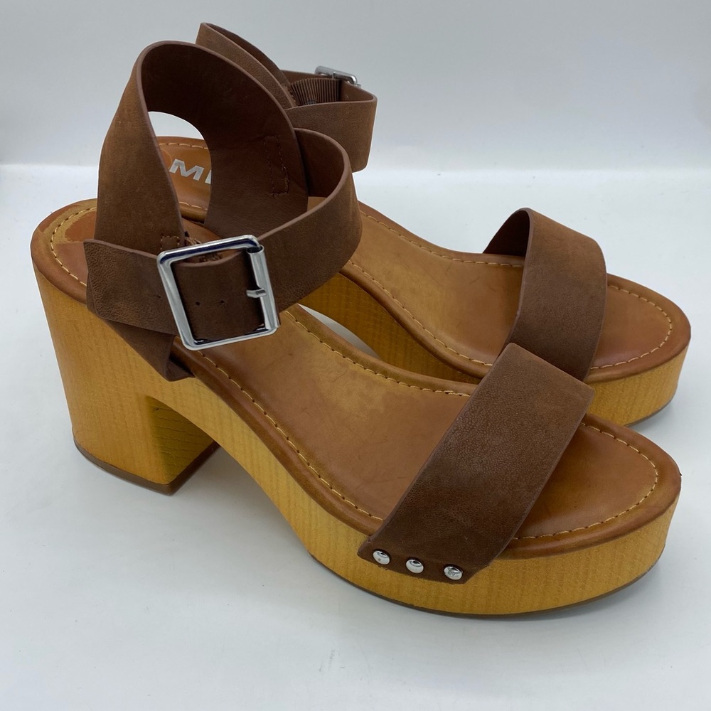 MIA Nira Sabrinda Faux Leather Y2K Chunky Heel Cognac‎ Sandal Size 9.5